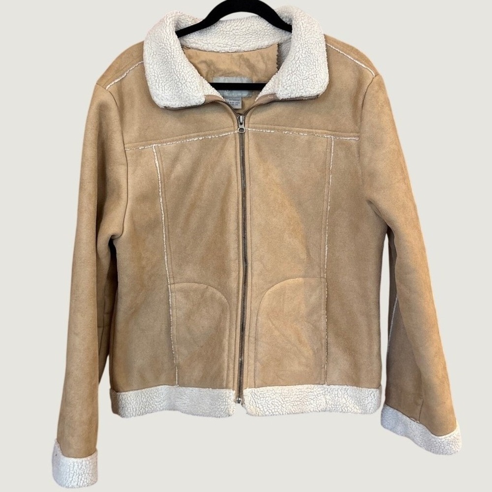 NY Classics Jacket Women Tan Faux Suede Shearling Trim Vintage SIZE Large